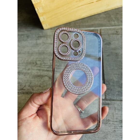 Luxury Diamond Rhinestone Crystal Bling Transparent iPhone Case 13 Pro Pink - Picture 3 of 6